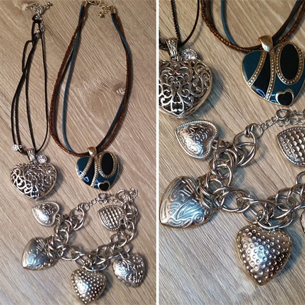 Romantic bundle enamel puff heart 2 necklaces & silver chain charm bracelet.